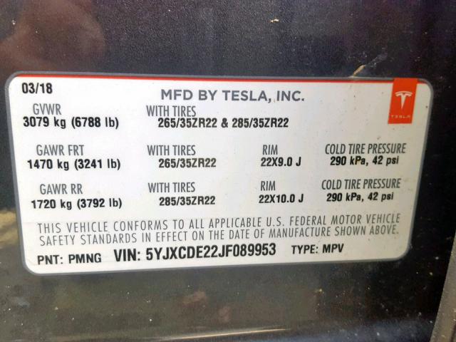 5YJXCDE22JF089953 - 2018 TESLA MODEL X GRAY photo 10