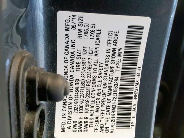 2HKRM3H72EH563284 - 2014 HONDA CR-V EXL GRAY photo 10