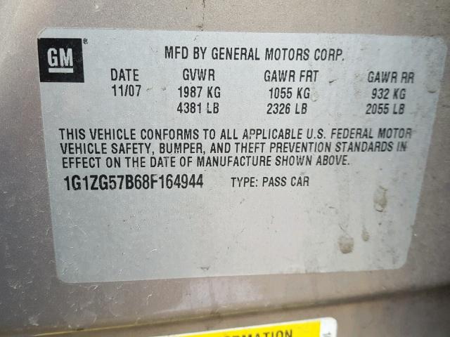 1G1ZG57B68F164944 - 2008 CHEVROLET MALIBU LS BEIGE photo 10