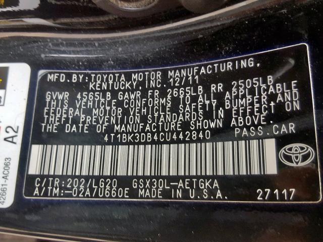 4T1BK3DB4CU442840 - 2012 TOYOTA AVALON BAS BLACK photo 10