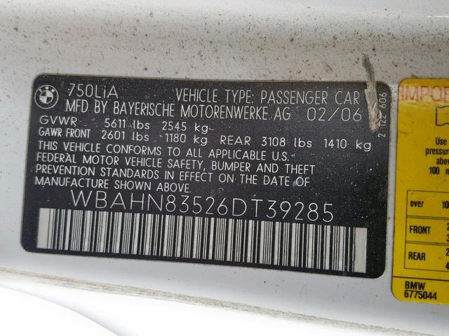 WBAHN83526DT39285 - 2006 BMW 750 LI WHITE photo 10