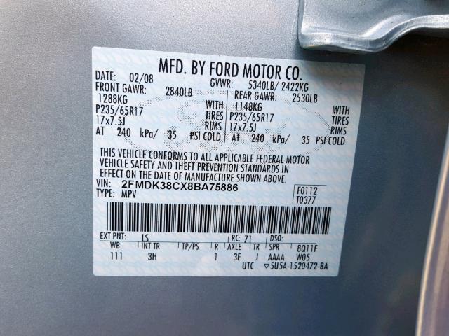 2FMDK38CX8BA75886 - 2008 FORD EDGE SEL BLUE photo 10