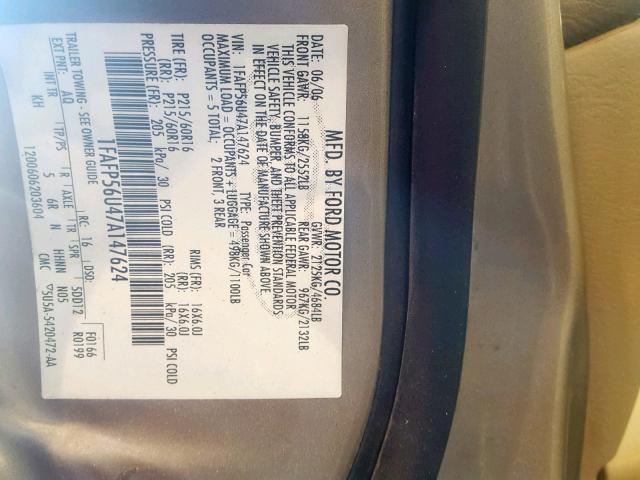 1FAFP56U47A147624 - 2007 FORD TAURUS SEL GOLD photo 10