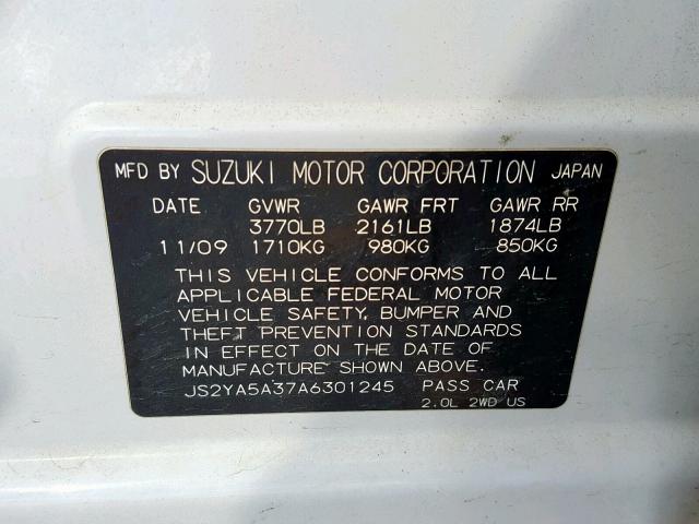 JS2YA5A37A6301245 - 2010 SUZUKI SX4 WHITE photo 10