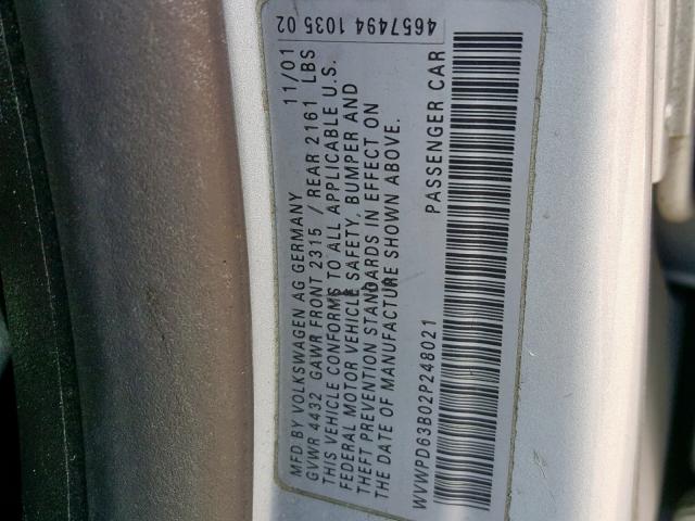 WVWPD63B02P248021 - 2002 VOLKSWAGEN PASSAT GLS WHITE photo 10