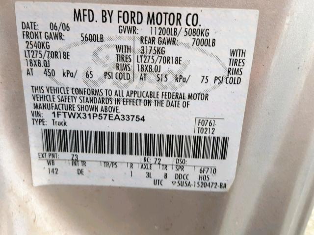 1FTWX31P57EA33754 - 2007 FORD F350 SRW S WHITE photo 10