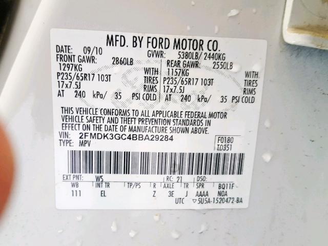 2FMDK3GC4BBA29284 - 2011 FORD EDGE SE WHITE photo 10