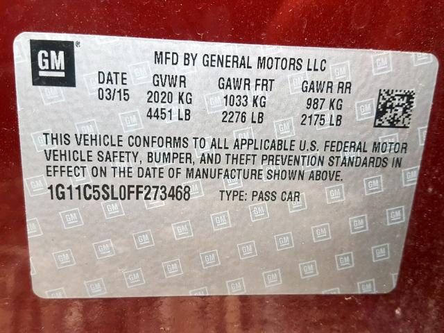 1G11C5SL0FF273468 - 2015 CHEVROLET MALIBU 1LT 勃艮第红 照片 10
