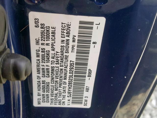 5J6YH28523L029357 - 2003 HONDA ELEMENT EX BLUE photo 10