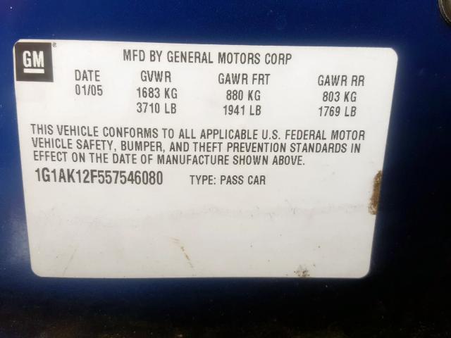 1G1AK12F557546080 - 2005 CHEVROLET COBALT  photo 10