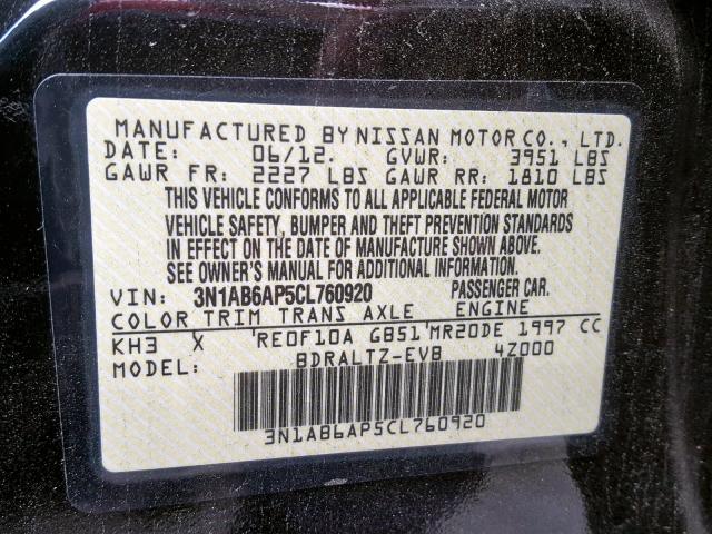 3N1AB6AP5CL760920 - 2012 NISSAN SENTRA 2.0 BLACK photo 10