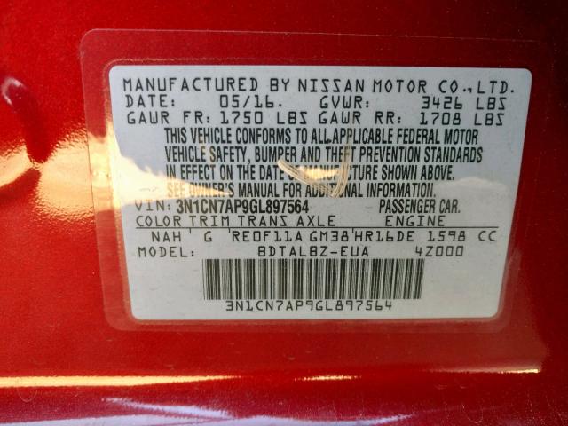 3N1CN7AP9GL897564 - 2016 NISSAN VERSA S RED photo 10