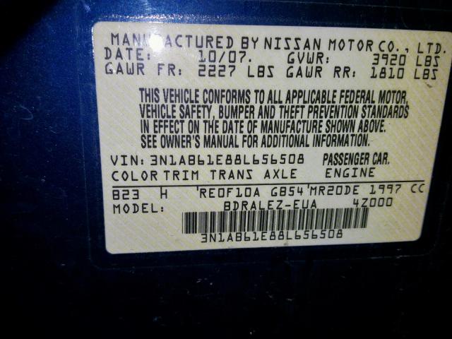 3N1AB61E88L656508 - 2008 NISSAN SENTRA 2.0 BLUE photo 10