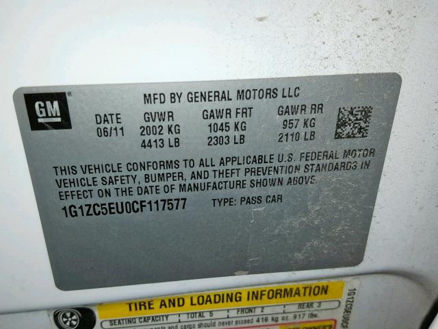 1G1ZC5EU0CF117577 - 2012 CHEVROLET MALIBU 1LT თეთრი ფოტო 10