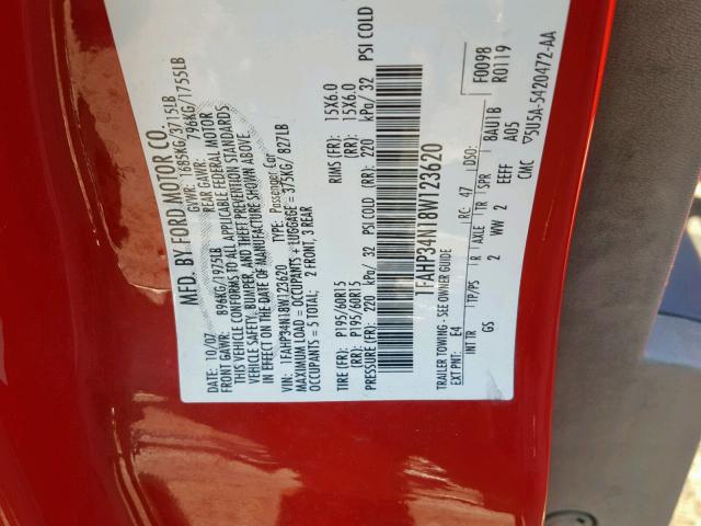 1FAHP34N18W123620 - 2008 FORD FOCUS S/SE RED photo 10