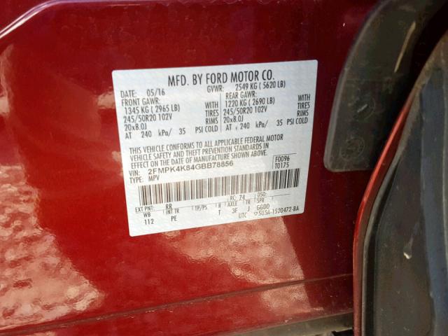 2FMPK4K84GBB78856 - 2016 FORD EDGE TITAN RED photo 10