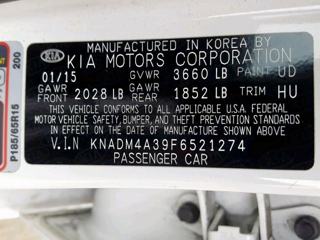 KNADM4A39F6521274 - 2015 KIA RIO LX WHITE photo 10