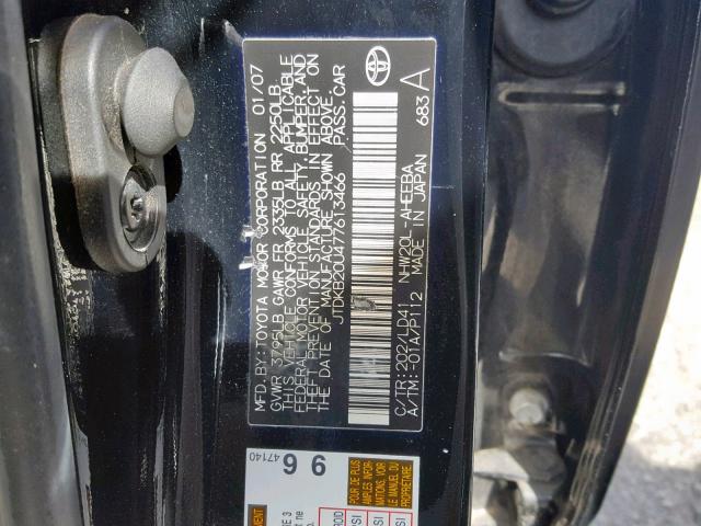 JTDKB20U477613466 - 2007 TOYOTA PRIUS BLACK photo 10