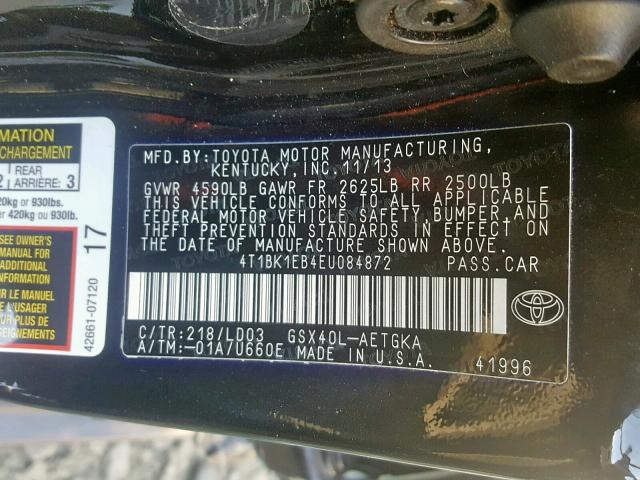 4T1BK1EB4EU084872 - 2014 TOYOTA AVALON BAS BLACK photo 10