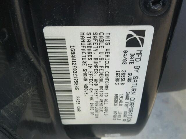 1G8AW12F03Z175885 - 2003 SATURN ION LEVEL BLACK photo 10