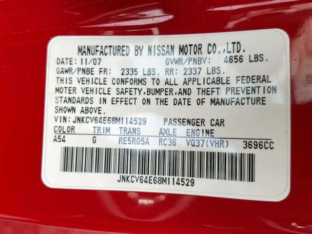 JNKCV64E68M114529 - 2008 INFINITI G37 BASE RED photo 10