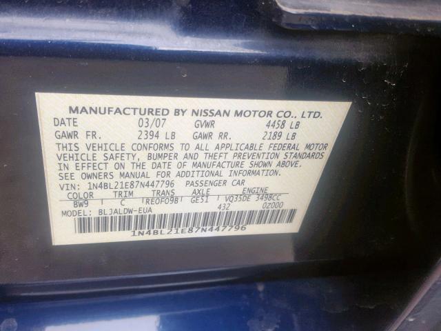 1N4BL21E87N447796 - 2007 NISSAN ALTIMA 3.5 BLUE photo 10