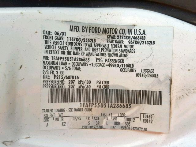 1FAFP55U51A286685 - 2001 FORD TAURUS SES WHITE photo 10