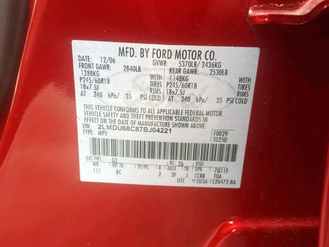 2LMDU68C87BJ04221 - 2007 LINCOLN MKX RED photo 10