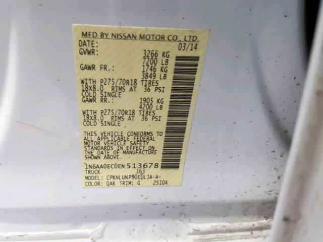 1N6AA0EC0EN513678 - 2014 NISSAN TITAN S WHITE photo 10