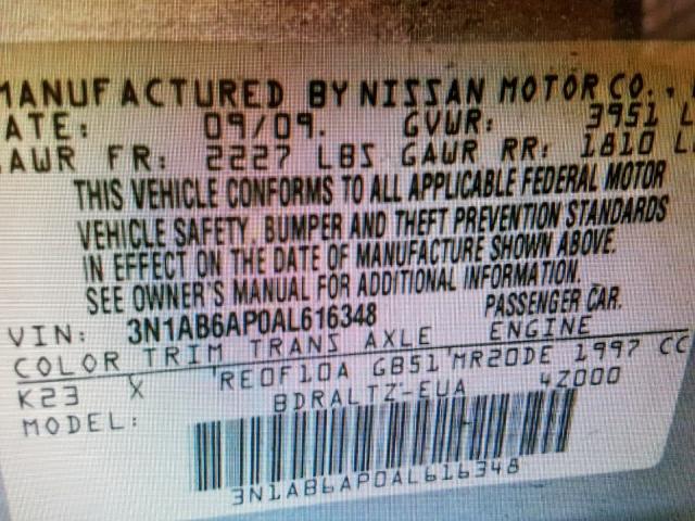 3N1AB6AP0AL616348 - 2010 NISSAN SENTRA 2.0 WHITE photo 10