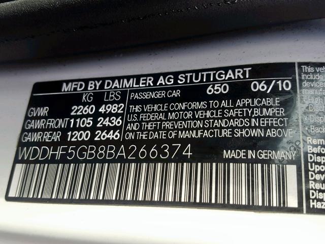 WDDHF5GB8BA266374 - 2011 MERCEDES-BENZ E 350 WHITE photo 10