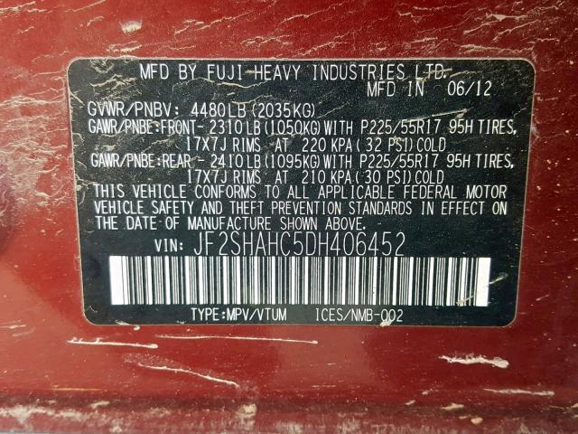 JF2SHAHC5DH406452 - 2013 SUBARU FORESTER T RED photo 10