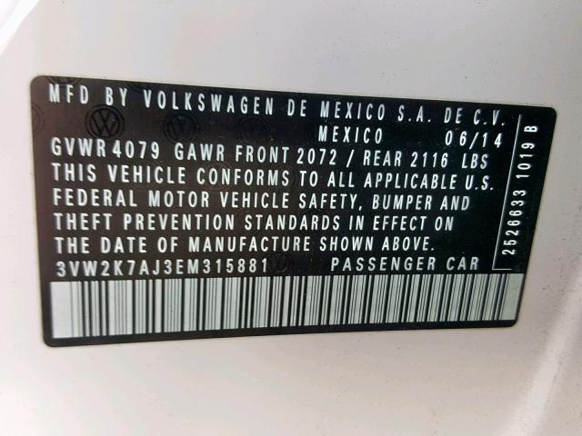 3VW2K7AJ3EM315881 - 2014 VOLKSWAGEN JETTA BASE WHITE photo 10