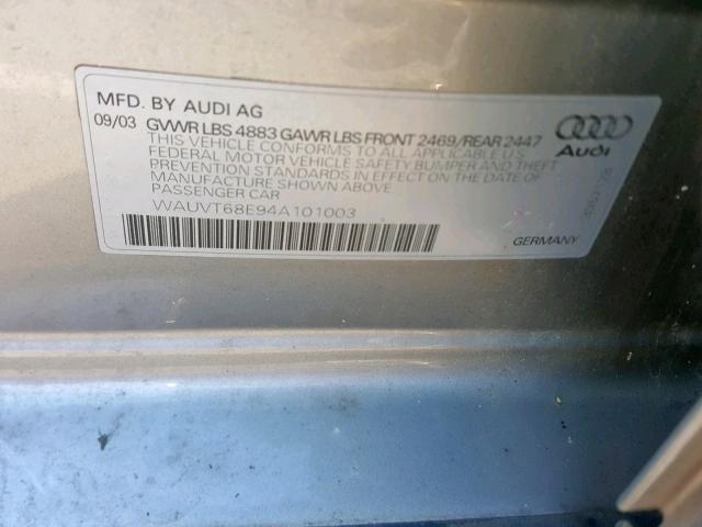 WAUVT68E94A101003 - 2004 AUDI A4 3.0 AVA SILVER photo 10