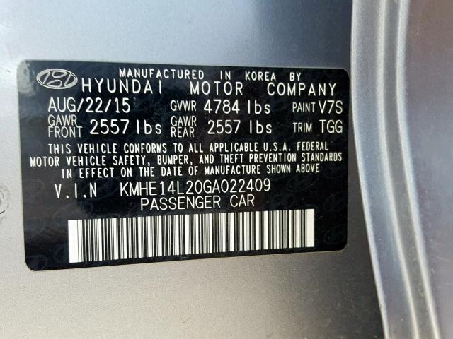 KMHE14L20GA022409 - 2016 HYUNDAI SONATA PLU GRAY photo 10