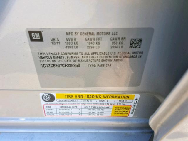 1G1ZC5E07CF235350 - 2012 CHEVROLET MALIBU 1LT 银色 照片 10