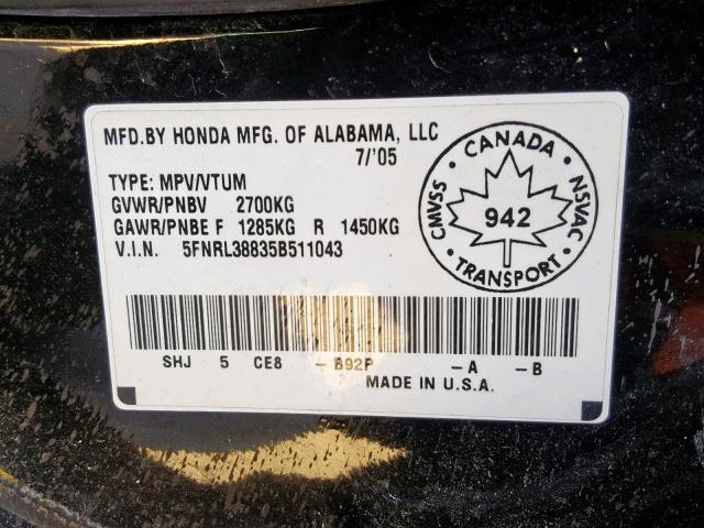 5FNRL38835B511043 - 2005 HONDA ODYSSEY TO BLACK photo 10