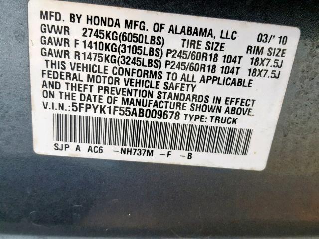 5FPYK1F55AB009678 - 2010 HONDA RIDGELINE CHARCOAL photo 10