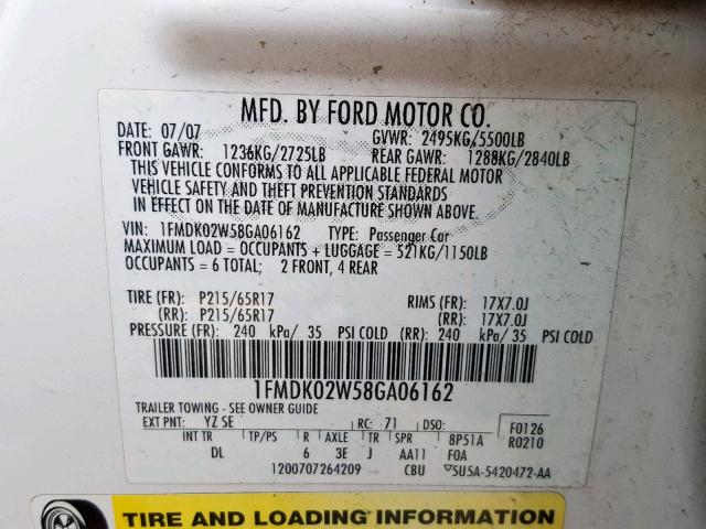 1FMDK02W58GA06162 - 2008 FORD TAURUS X S WHITE photo 10