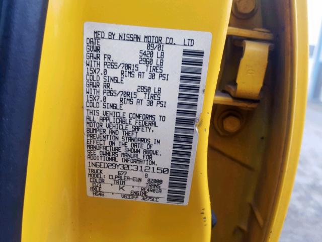 1N6ED29Y32C312150 - 2002 NISSAN FRONTIER C YELLOW photo 10