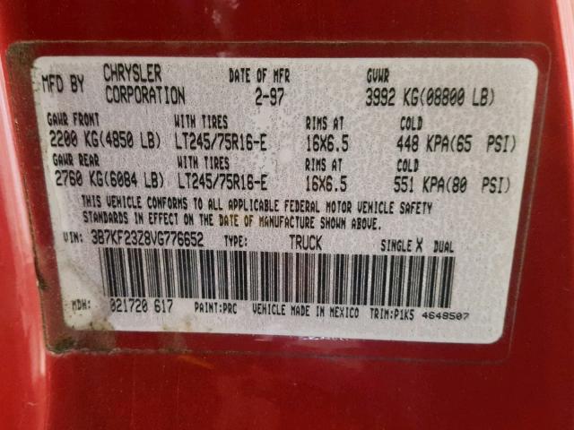 3B7KF23Z8VG776652 - 1997 DODGE RAM 2500 RED photo 10