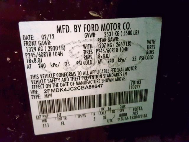 2FMDK4JC2CBA86647 - 2012 FORD EDGE SEL MAROON photo 10