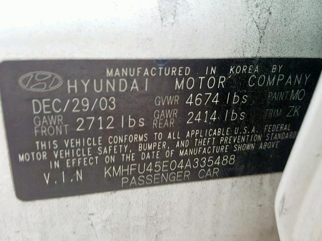 KMHFU45E04A335488 - 2004 HYUNDAI XG 350 WHITE photo 10