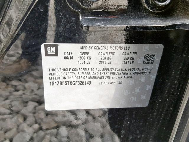 1G1ZB5STXGF326149 - 2016 CHEVROLET MALIBU LS BLACK photo 10