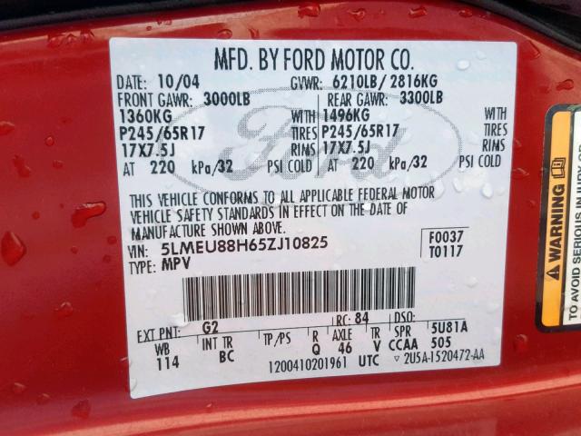 5LMEU88H65ZJ10825 - 2005 LINCOLN AVIATOR 红色 照片 10