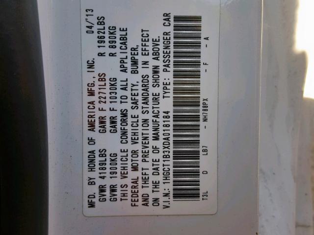 1HGCT1B3XDA018184 - 2013 HONDA ACCORD LX- WHITE photo 10