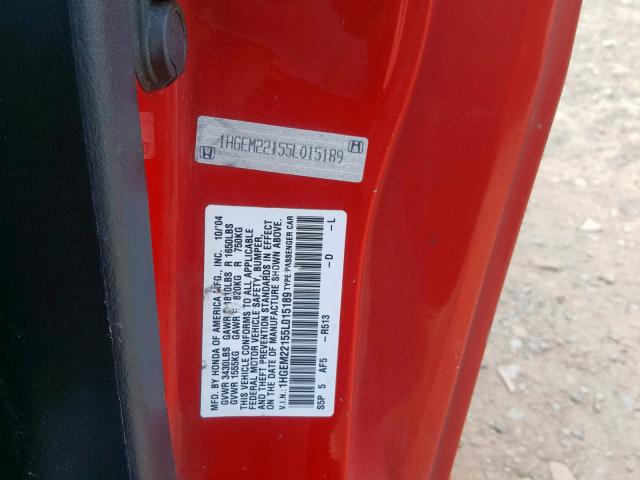 1HGEM22155L015189 - 2005 HONDA CIVIC DX V RED photo 10