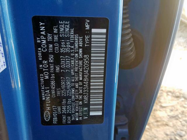 KM8J33A48HU420958 - 2017 HYUNDAI TUCSON LIM BLUE photo 10