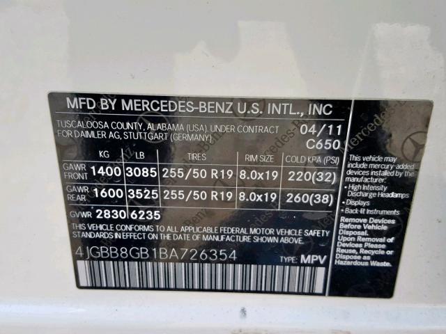 4JGBB8GB1BA726354 - 2011 MERCEDES-BENZ ML 350 4MA WHITE photo 10