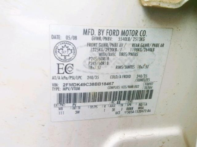 2FMDK49C38BB18467 - 2008 FORD EDGE LIMIT WHITE photo 10